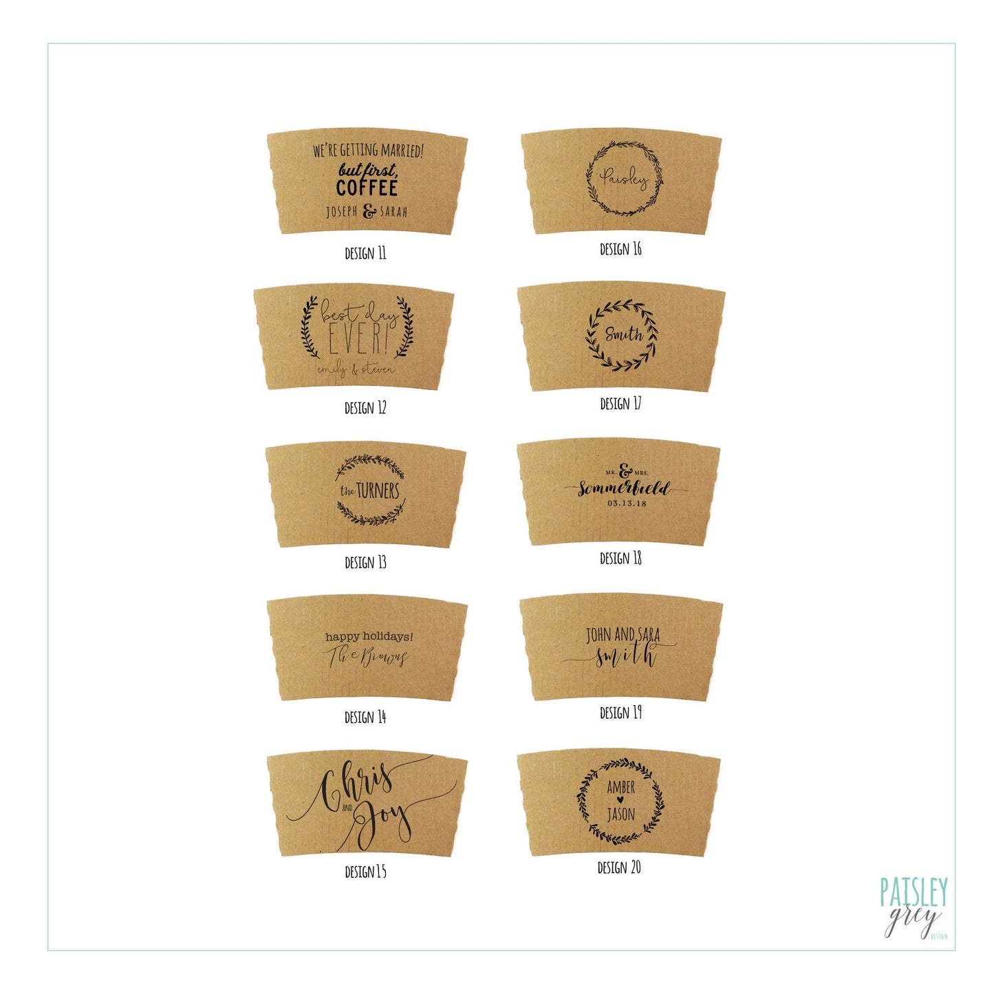 Personalized Natural Brown Kraft or White Kraft Coffee Sleeves - Choose Your Design - FREE U. S. SHIPPING