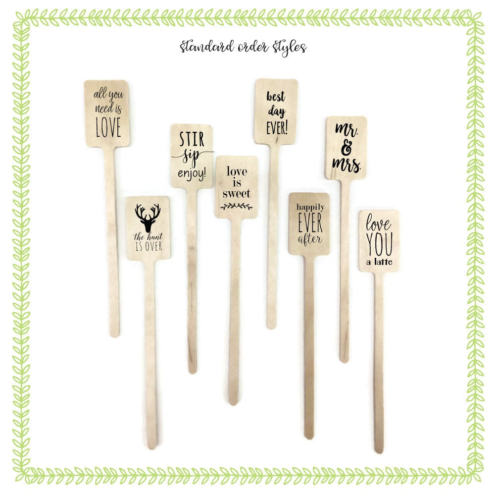 Themed Wooden Drink Stirrers or Cupcake Picks - Wedding - Birthday - Baby - Graduation - Choose Your Design - FREE US SHIPPING