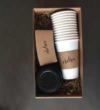 Load image into Gallery viewer, Personalized Natural Brown Kraft Custom Coffee Sleeves, White Cups and Black Lids - Script Name + Name Graphic