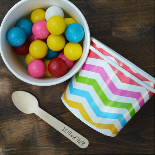 FREE U.S. Shipping QTY 25 Ice Cream Cups and Printed Message Spoons - Choose Your Cup Color and Size - Plus Wooden Spoons