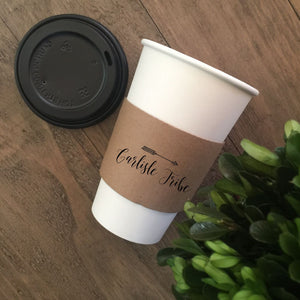 Personalized Natural Brown Kraft Coffee Sleeves, White Cups & Black Lids - Monogram Choice - FREE U. S. SHIPPING