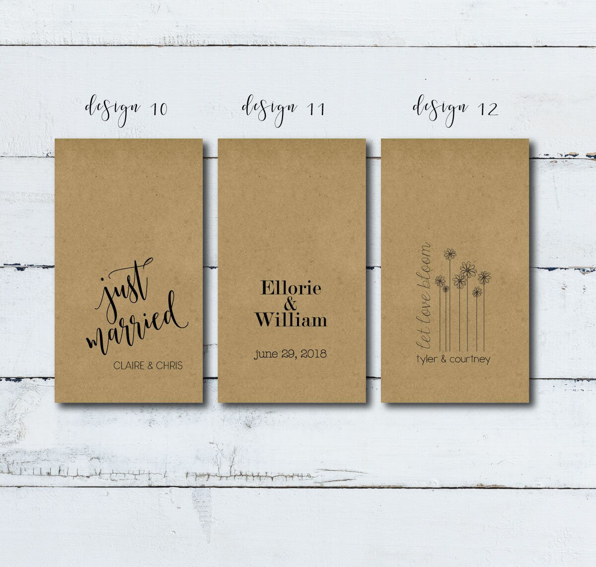 Custom Design Two-Sided Print 100% Recycled Brown Kraft Personalized Seed Packets - Optional Seeds - Wedding Favors - FREE U. S. SHIPPING