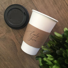 Load image into Gallery viewer, Personalized Natural Brown Kraft Custom Coffee Sleeve, White Cups, Black Lids and Matching Stirrers - Script Name + Name Graphic - Wedding