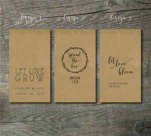 Custom Design Two-Sided Print 100% Recycled Brown Kraft Personalized Seed Packets - Optional Seeds - Wedding Favors - FREE U. S. SHIPPING