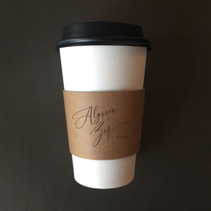 Personalized Natural Brown Kraft Custom Coffee Sleeves, White Cups and Black Lids - Script Name + Name Graphic