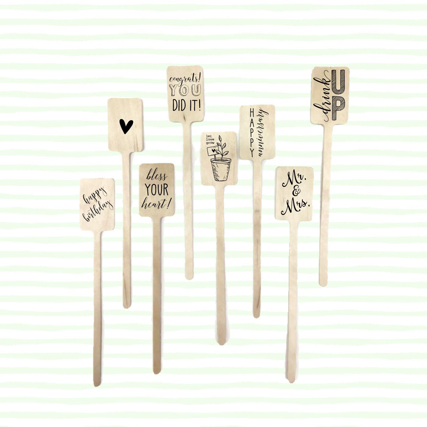 Wooden Drink Stirrers- Wood Coffee Stir Sticks - Cupcake Picks - Choose Your Design - FREE U. S. SHIPPING