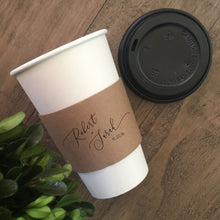 Load image into Gallery viewer, Personalized Natural Brown Kraft Custom Coffee Sleeve, White Cups, Black Lids and Matching Stirrers - Script Name + Name Graphic - Wedding