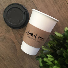 Load image into Gallery viewer, Custom GRADUATION Themed Natural Brown Kraft Coffee Sleeves, White Cups, Black Lids - Custom Graphic Choice - Optional Grad Stir Sticks