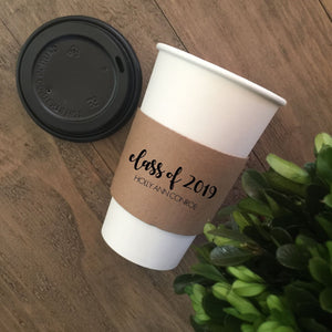 Custom GRADUATION Themed Natural Brown Kraft Coffee Sleeves, White Cups, Black Lids - Custom Graphic Choice - Optional Grad Stir Sticks