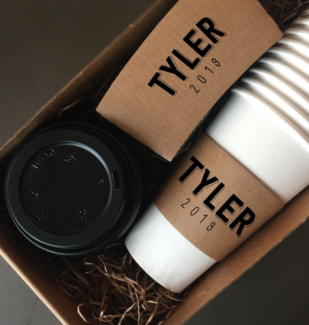 Custom GRADUATION Themed Natural Brown Kraft Coffee Sleeves, White Cups, Black Lids - Custom Graphic Choice - Optional Grad Stir Sticks