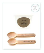 Load image into Gallery viewer, Set of 125 - Love Is Sweet - 8 Ounce White Ice Cream Cup, Wooden Spoon and Recycled Brown Kraft Label Set - Free US Shipping
