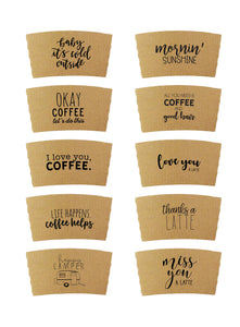 Coffee Themed Disposable Serving Sets - Brown Kraft Sleeves, White Cups - Great Gift for the Coffee Lover