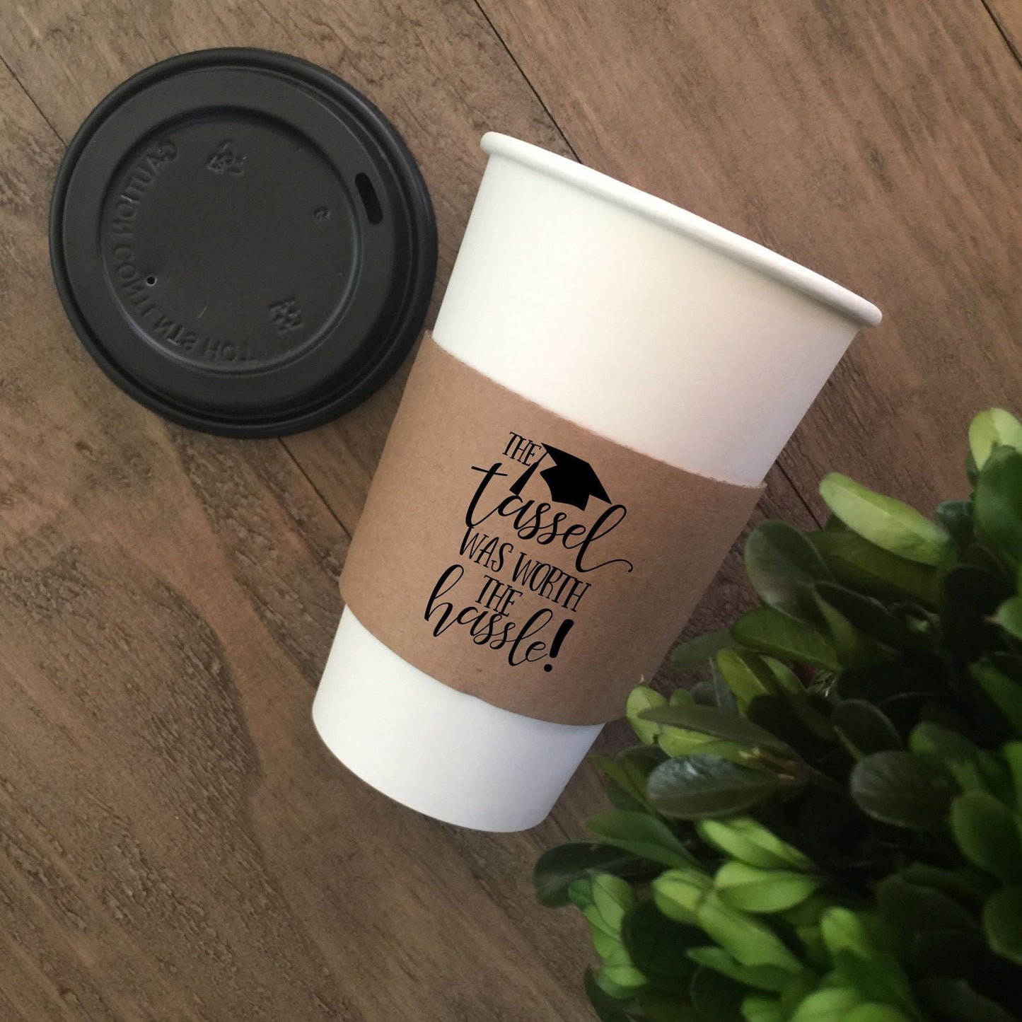 GRADUATION Themed Natural Brown Kraft Coffee Sleeves, White Cups, Black Lids - Standard Graphic Choice