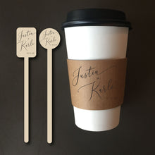 Load image into Gallery viewer, Personalized Natural Brown Kraft Custom Coffee Sleeve, White Cups, Black Lids and Matching Stirrers - Script Name + Name Graphic - Wedding