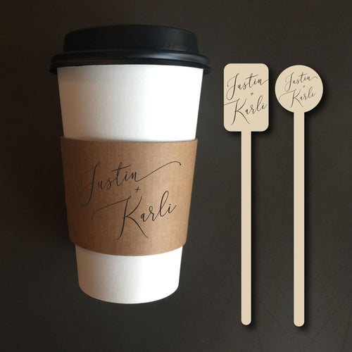 Personalized Natural Brown Kraft Custom Coffee Sleeve, White Cups, Black Lids and Matching Stirrers - Script Name + Name Graphic - Wedding