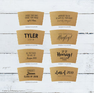 Custom GRADUATION Themed Natural Brown or White Kraft Coffee Sleeves - Custom Graphic Choice or Fully Custom