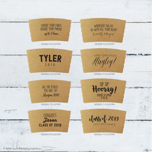 Load image into Gallery viewer, Custom GRADUATION Themed Natural Brown Kraft Coffee Sleeves, White Cups, Black Lids - Custom Graphic Choice - Optional Grad Stir Sticks