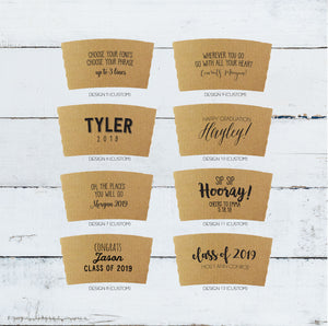 Custom GRADUATION Themed Natural Brown Kraft Coffee Sleeves, White Cups, Black Lids - Custom Graphic Choice - Optional Grad Stir Sticks