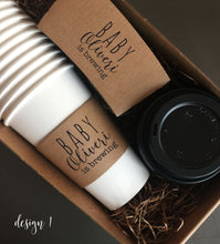 Load image into Gallery viewer, Custom Natural Brown Kraft Coffee Sleeves + Optional White Cups and Black Lids - Custom Baby is Brewing - Optional Baby Design Stir Sticks