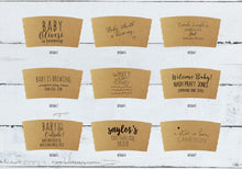 Load image into Gallery viewer, Custom Natural Brown Kraft Coffee Sleeves + Optional White Cups and Black Lids - Custom Baby is Brewing - Optional Baby Design Stir Sticks