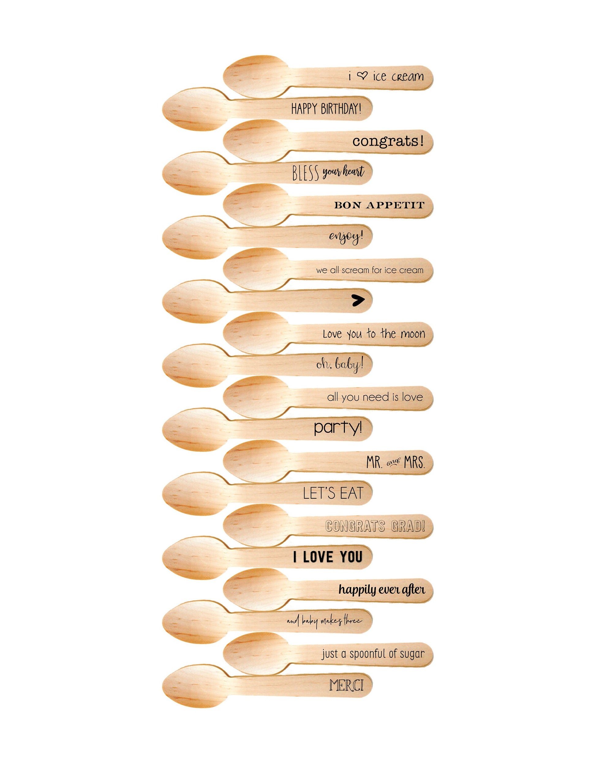Personalized Wooden Utensils Available in Three Sizes - Custom Text or Graphic - Font Choice - FREE U. S. SHIPPING