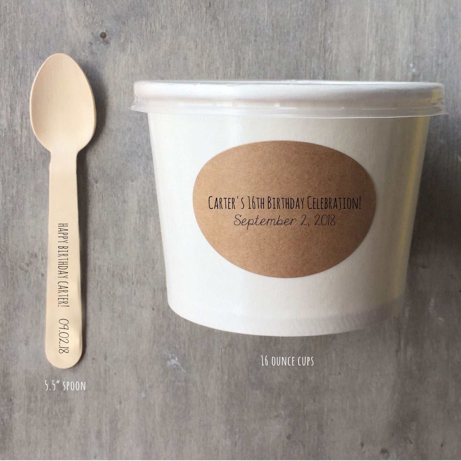 Custom - (QTY 50) 8 Ounce White Ice Cream Cup, With or Without Lids, Wooden Spoon and Recycled Brown Kraft Label Set - Free US Shipping