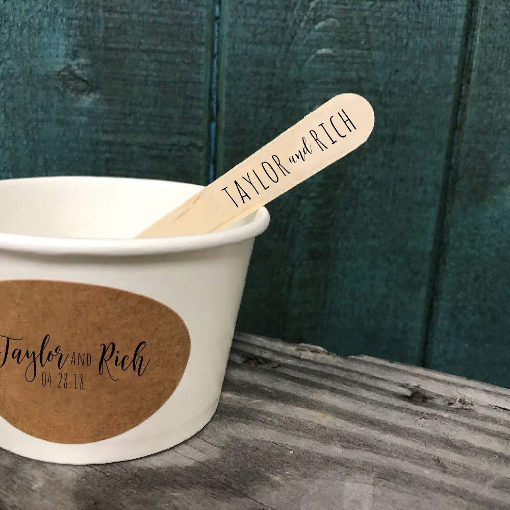 Custom - (QTY 50) 8 Ounce White Ice Cream Cup, With or Without Lids, Wooden Spoon and Recycled Brown Kraft Label Set - Free US Shipping