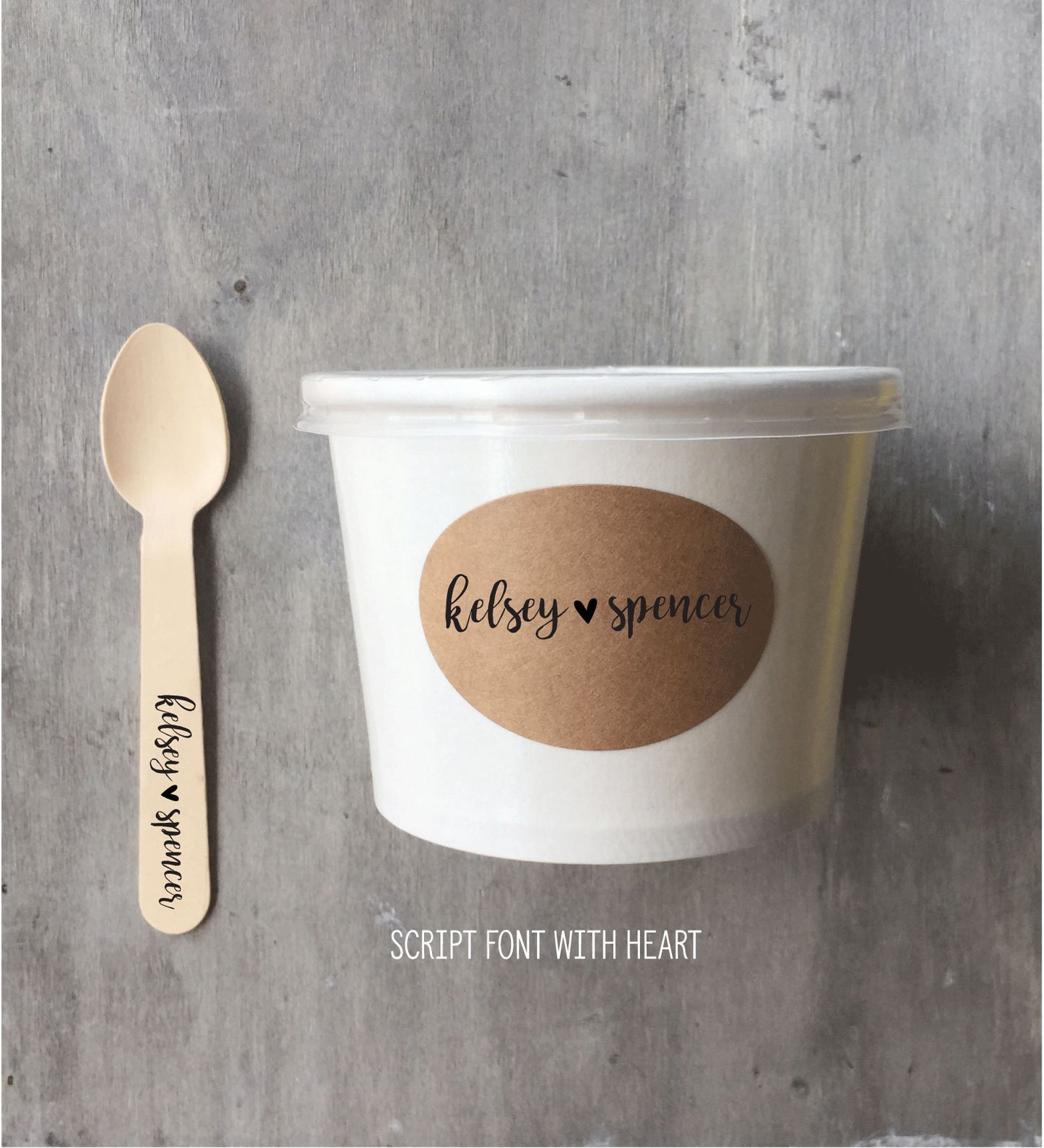 Custom - (QTY 50) 8 Ounce White Ice Cream Cup, With or Without Lids, Wooden Spoon and Recycled Brown Kraft Label Set - Free US Shipping