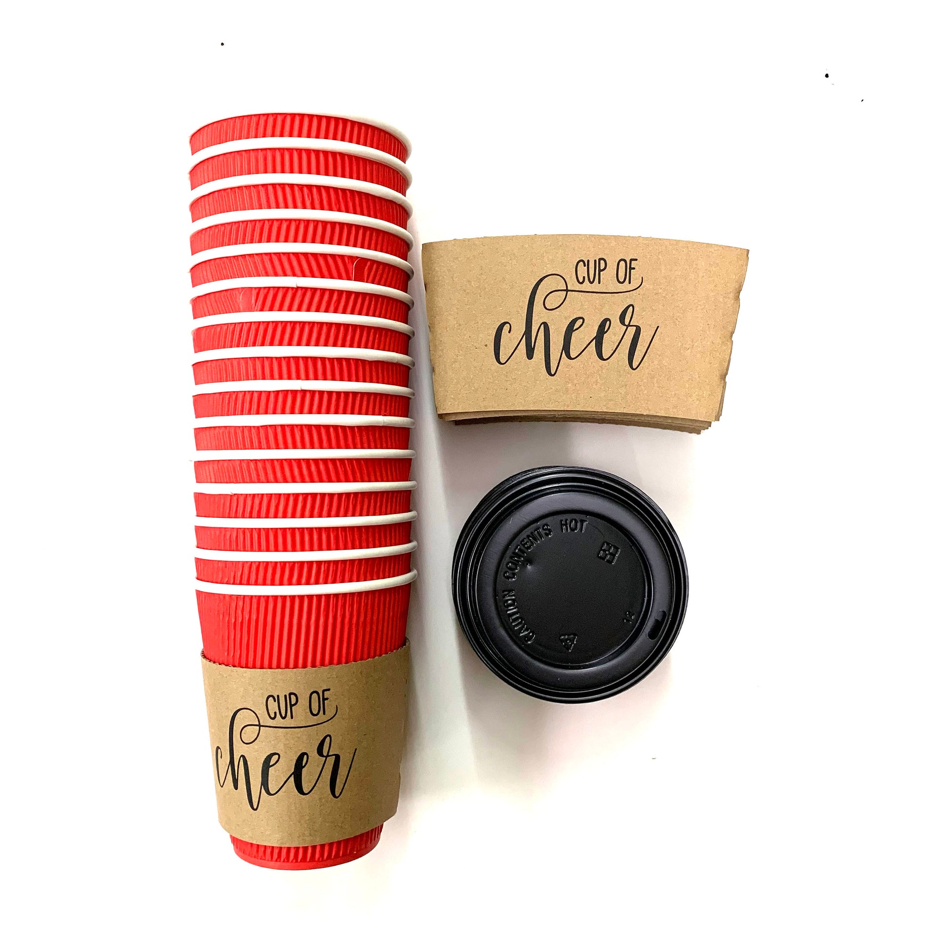 Gift Pack - Holiday - Christmas Corporate Housewarming - Brown Kraft Coffee Sleeves, Holiday Red Cups & Black Lids - 15 PC Sets in Gift Box