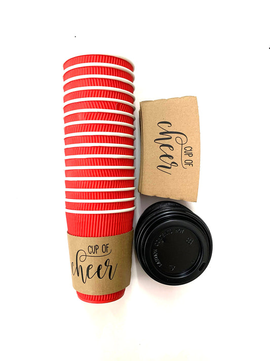 Gift Pack - Holiday - Christmas Corporate Housewarming - Brown Kraft Coffee Sleeves, Holiday Red Cups & Black Lids - 15 PC Sets in Gift Box