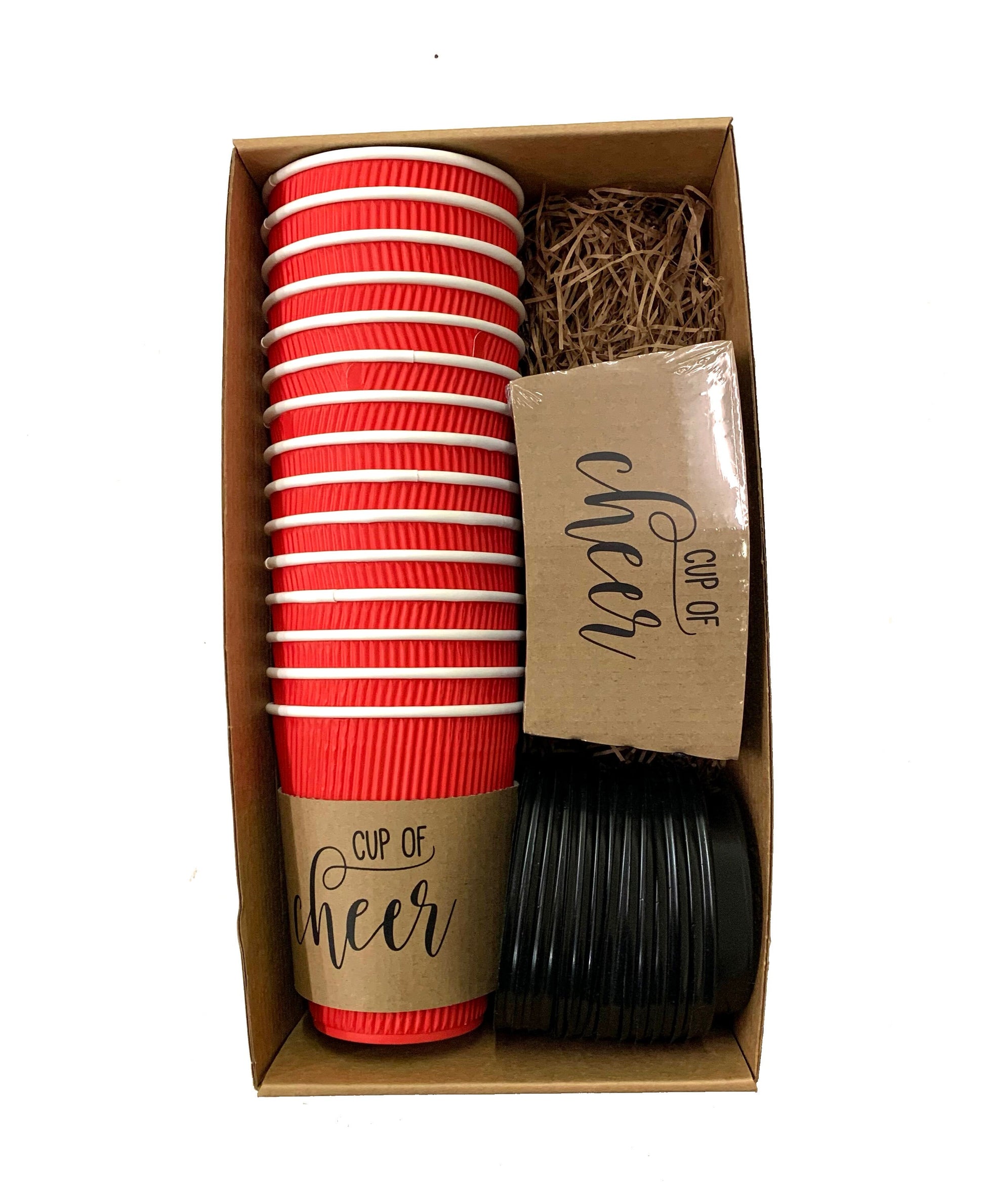Gift Pack - Holiday - Christmas Corporate Housewarming - Brown Kraft Coffee Sleeves, Holiday Red Cups & Black Lids - 15 PC Sets in Gift Box