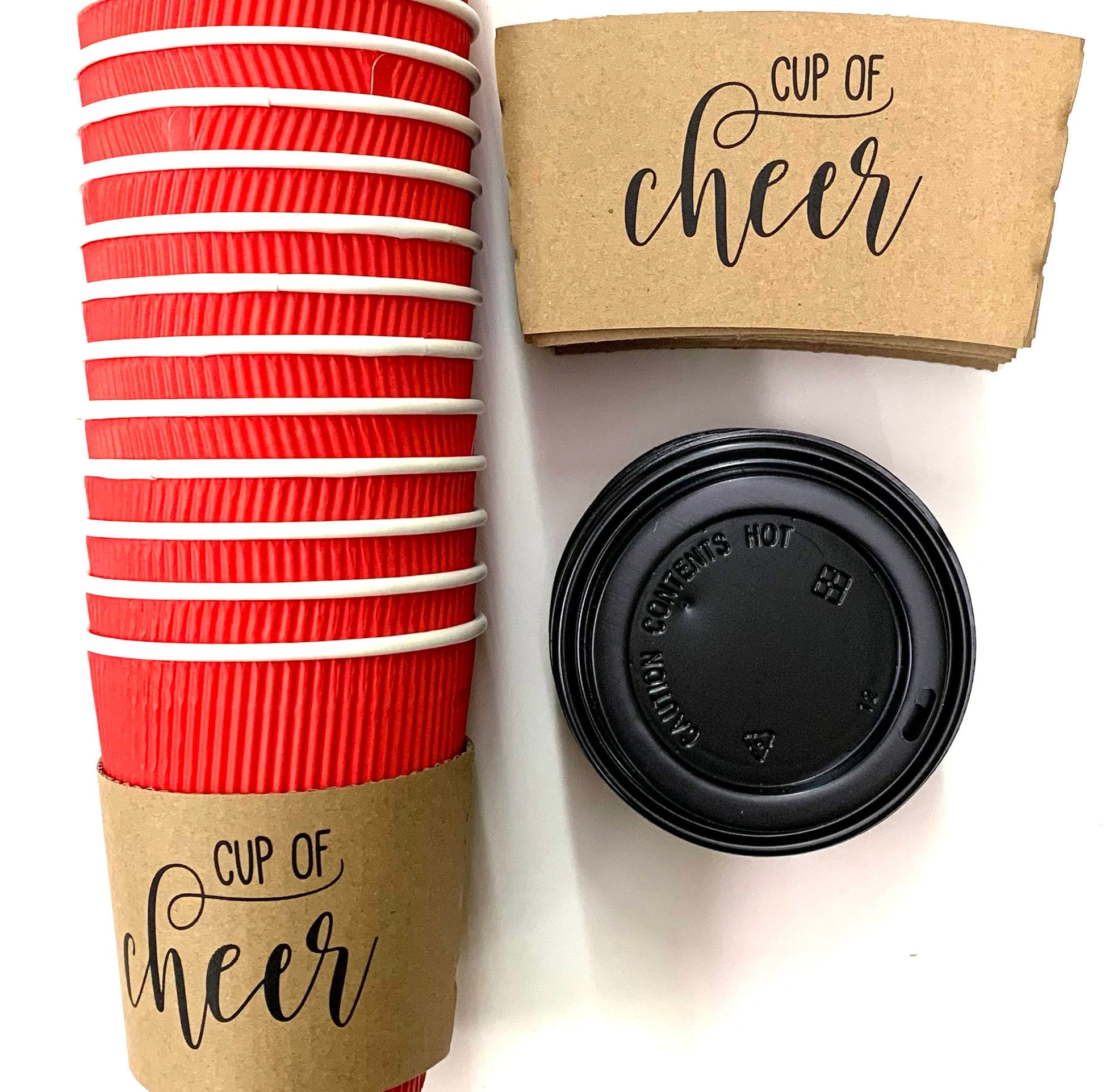 Gift Pack - Holiday - Christmas Corporate Housewarming - Brown Kraft Coffee Sleeves, Holiday Red Cups & Black Lids - 15 PC Sets in Gift Box