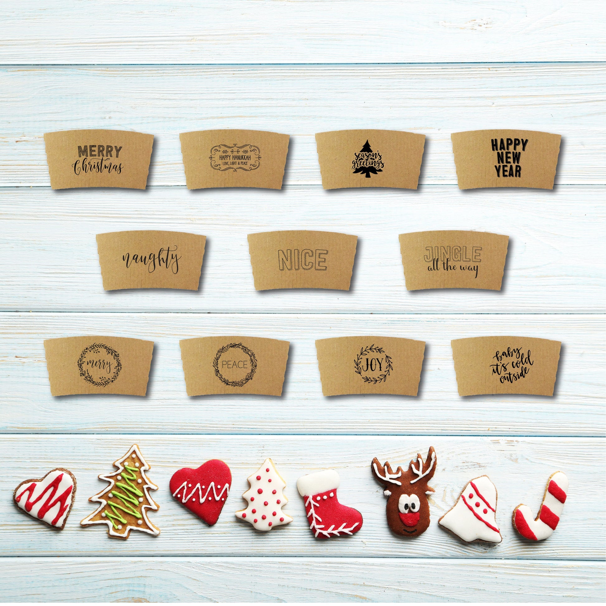 Gift Pack - Holiday - Christmas Corporate Housewarming - Brown Kraft Coffee Sleeves, Holiday Red Cups & Black Lids - 15 PC Sets in Gift Box