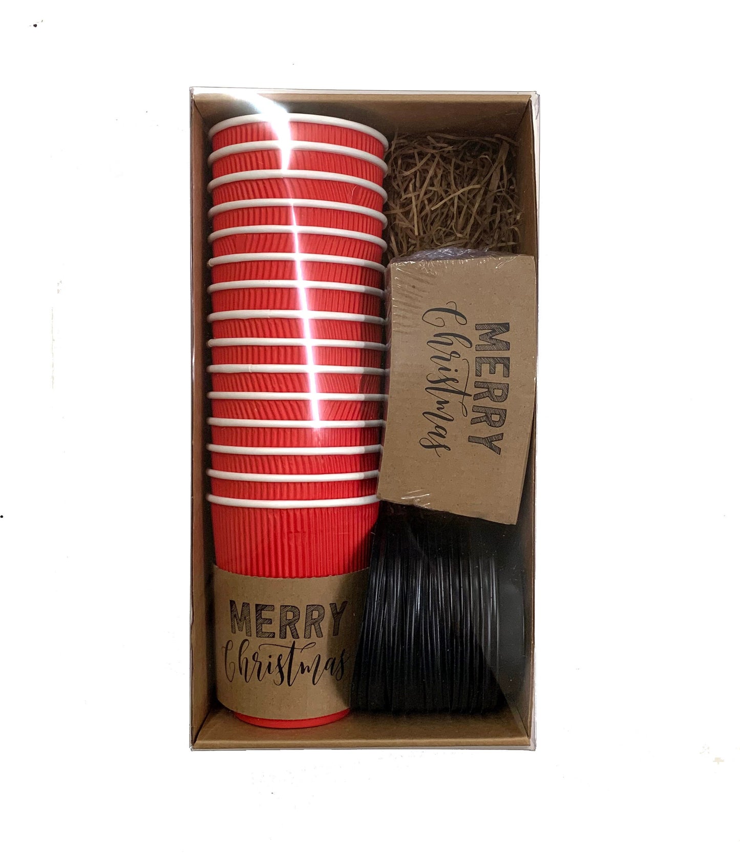 Gift Pack - Holiday - Christmas Corporate Housewarming - Natural Brown Kraft Coffee Sleeves, Holiday Red Cups & Black Lids - Merry Christmas
