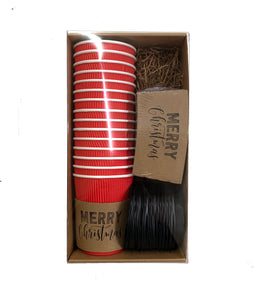 Gift Pack - Holiday - Christmas Corporate Housewarming - Natural Brown Kraft Coffee Sleeves, Holiday Red Cups & Black Lids - Merry Christmas