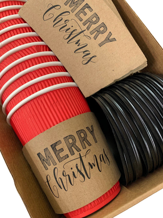 Gift Pack - Holiday - Christmas Corporate Housewarming - Natural Brown Kraft Coffee Sleeves, Holiday Red Cups & Black Lids - Merry Christmas