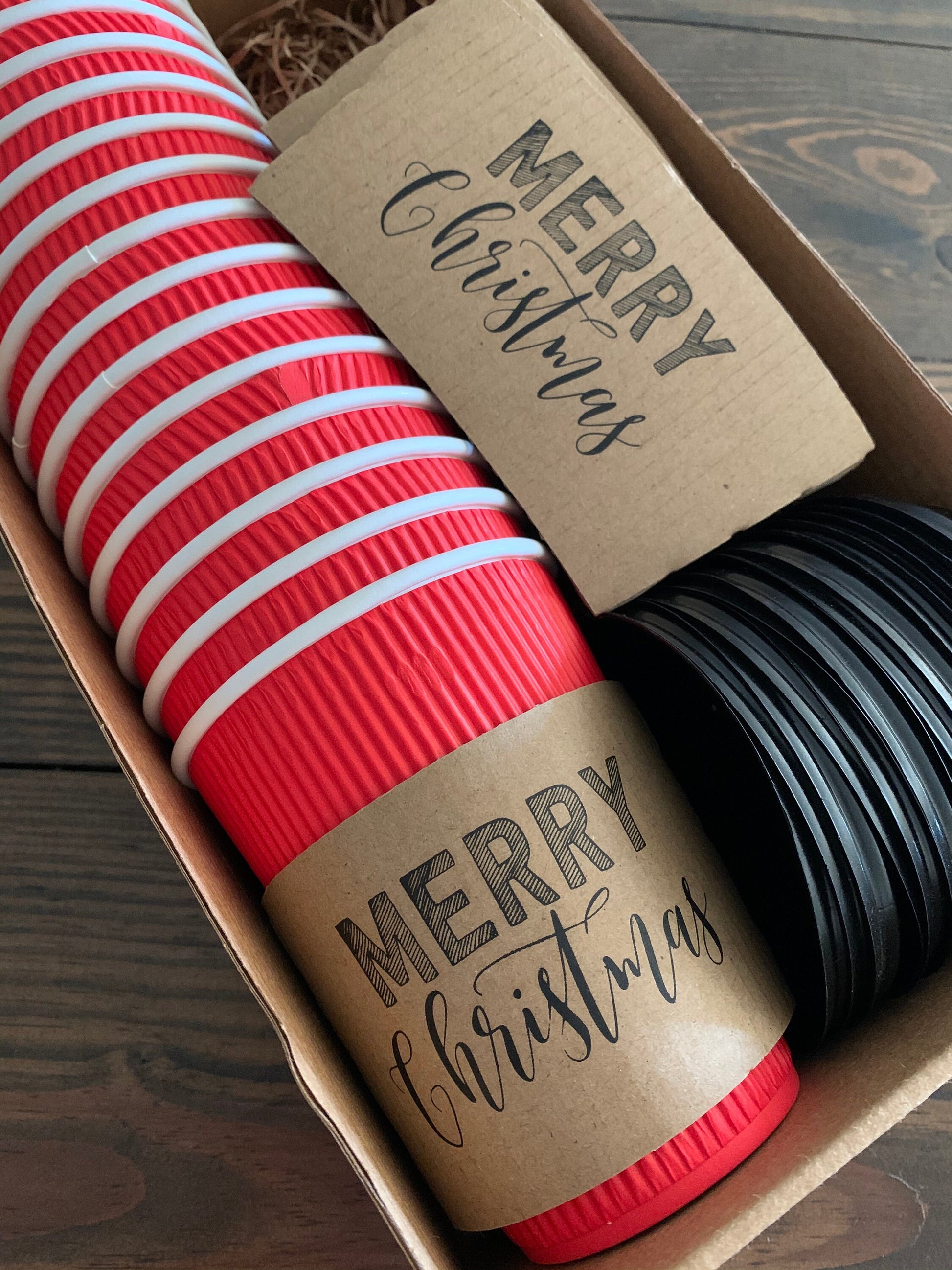 Gift Pack - Holiday - Christmas Corporate Housewarming - Natural Brown Kraft Coffee Sleeves, Holiday Red Cups & Black Lids - Merry Christmas