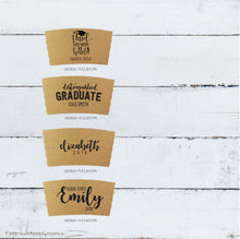 Load image into Gallery viewer, Custom GRADUATION Themed Natural Brown Kraft Coffee Sleeves, White Cups, Black Lids - Custom Graphic Choice - Optional Grad Stir Sticks