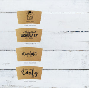 Custom GRADUATION Themed Natural Brown Kraft Coffee Sleeves, White Cups, Black Lids - Custom Graphic Choice - Optional Grad Stir Sticks