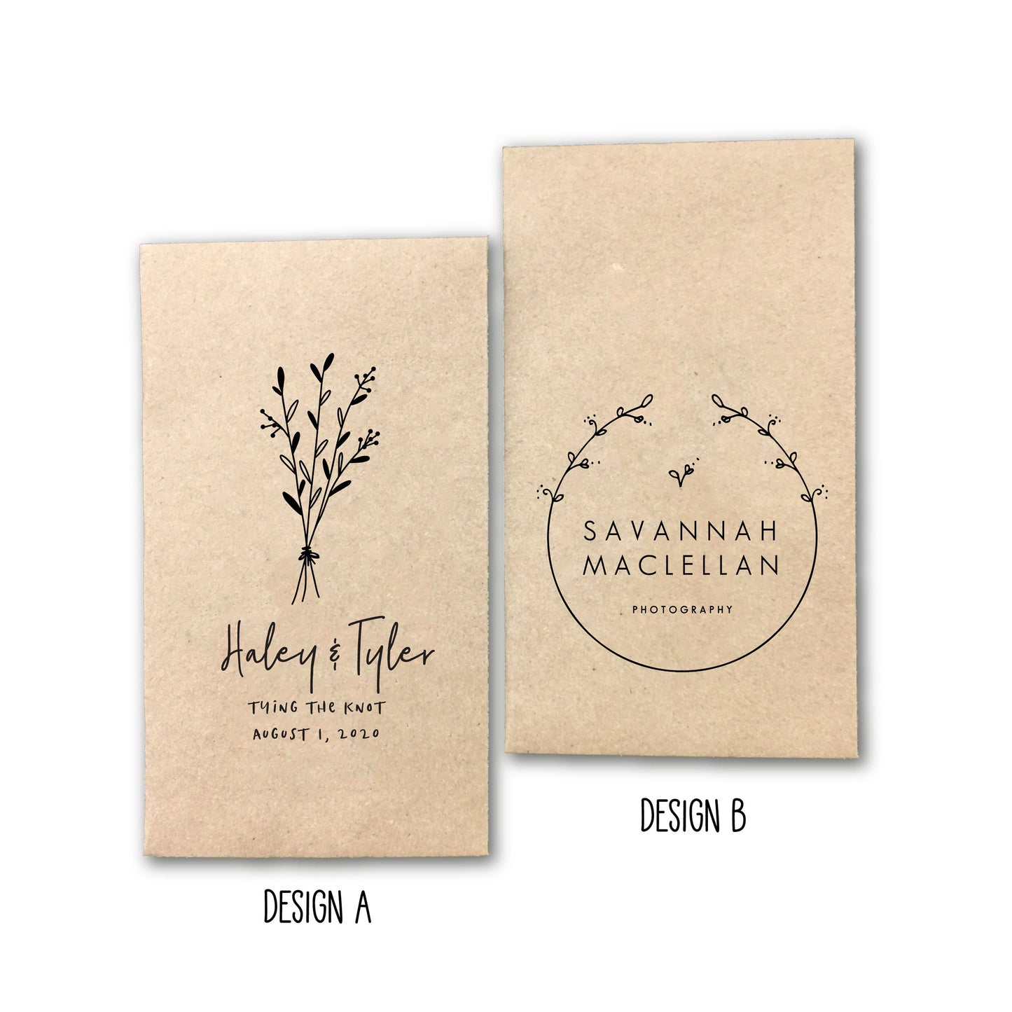 Custom Design Printed 100% Recycled Brown Kraft Personalized Seed Packets - Assembled Wedding Favors - FREE U. S. SHIPPING