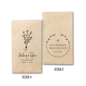 Custom Design Printed 100% Recycled Brown Kraft Personalized Seed Packets - Assembled Wedding Favors - FREE U. S. SHIPPING