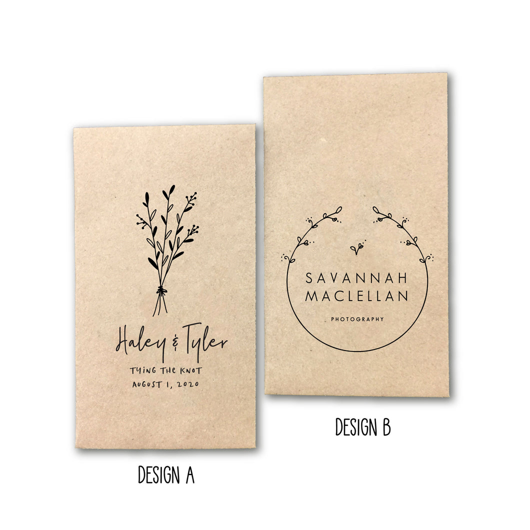 Custom Design Printed 100% Recycled Brown Kraft Personalized Seed Packets - Assembled Wedding Favors - FREE U. S. SHIPPING