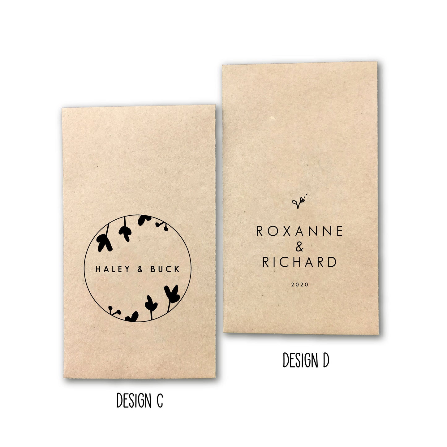 Custom Design Printed 100% Recycled Brown Kraft Personalized Seed Packets - Assembled Wedding Favors - FREE U. S. SHIPPING