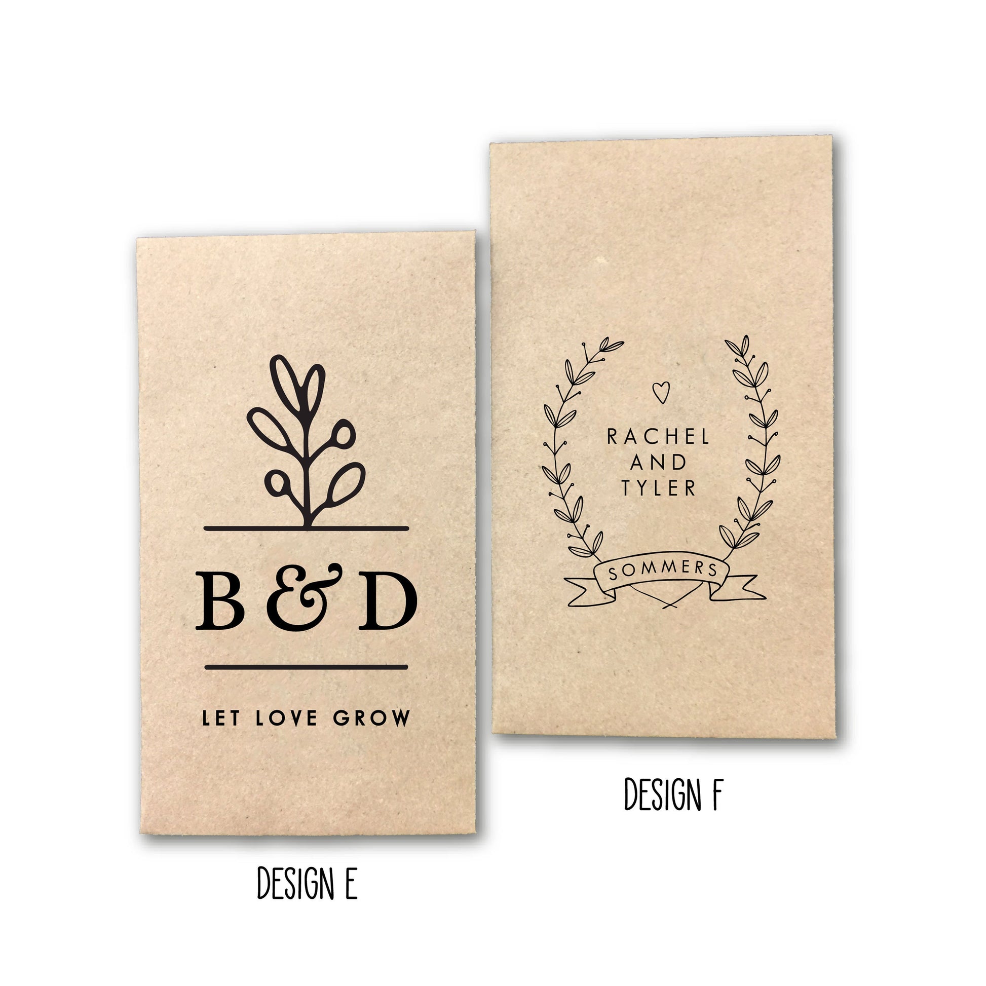 Custom Design Printed 100% Recycled Brown Kraft Personalized Seed Packets - Assembled Wedding Favors - FREE U. S. SHIPPING