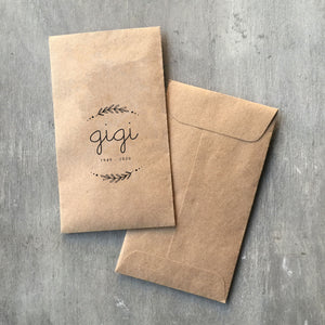 Custom Design 100% Recycled Brown Kraft Personalized Memorial Seed Packets - Celebration of Life - Memorial Favors - FREE U. S. SHIPPING