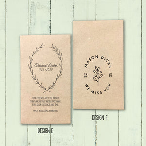 Custom Design 100% Recycled Brown Kraft Personalized Memorial Seed Packets - Celebration of Life - Memorial Favors - FREE U. S. SHIPPING