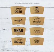 Load image into Gallery viewer, Custom GRADUATION Themed Natural Brown or White Kraft Coffee Sleeves - Custom Graphic Choice or Fully Custom