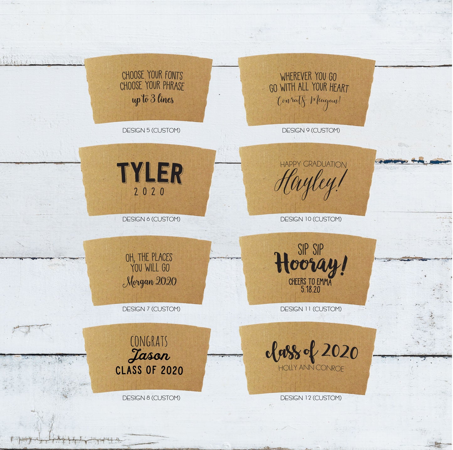 GRADUATION Themed Natural Brown Kraft Coffee Sleeves, White Cups, Black Lids - Standard Graphic Choice