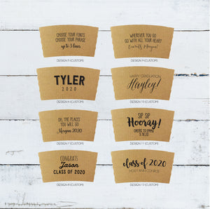GRADUATION Themed Natural Brown Kraft Coffee Sleeves, White Cups, Black Lids - Standard Graphic Choice