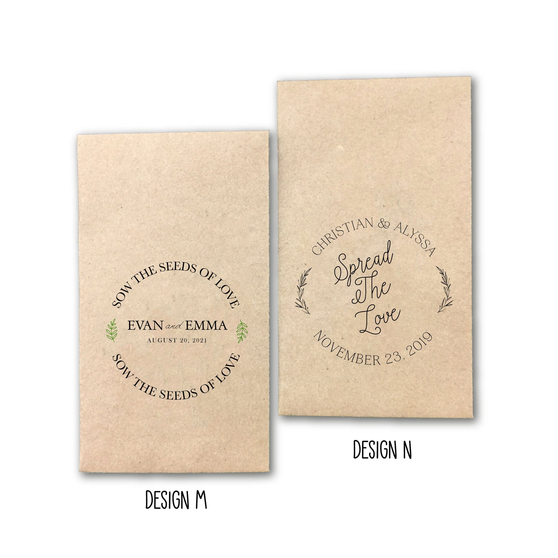 Custom Design Printed 100% Recycled Brown Kraft Personalized Seed Packets - Assembled Wedding Favors - FREE U. S. SHIPPING